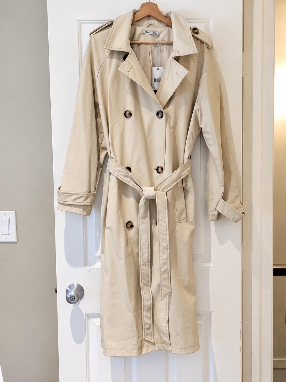 Dex Vegan Leather Cream Trench Coat Double Breasted XL/L NWT 90s Minimalist Chic